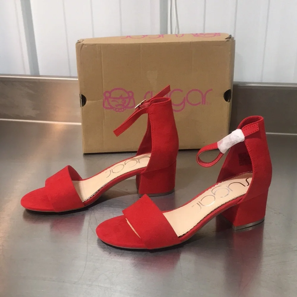Sugar Women's Red Ankle-Strap Block Heel Sandals